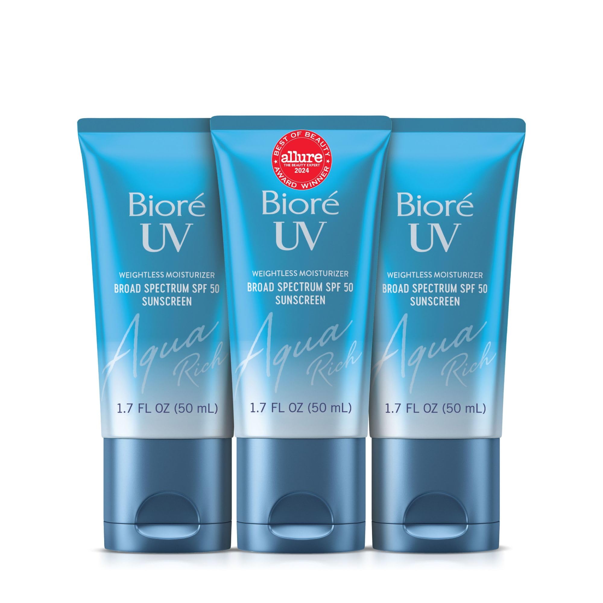 Biore UV Aqua Rich bottle shows lightweight, invisible hydration for all skin tones.
