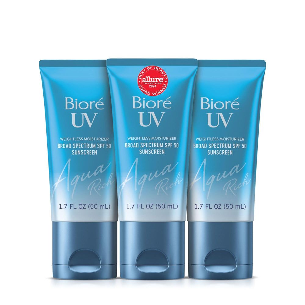 Biore UV Aqua Rich bottle shows lightweight, invisible hydration for all skin tones.