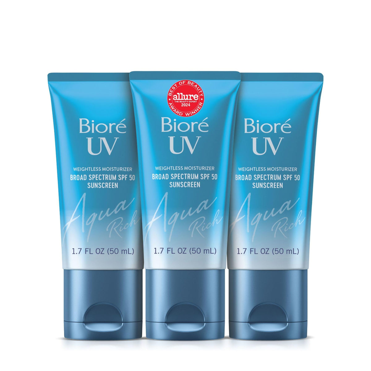 Biore UV Aqua Rich bottle shows lightweight, invisible hydration for all skin tones.