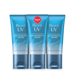 Biore UV Aqua Rich bottle shows lightweight, invisible hydration for all skin tones.