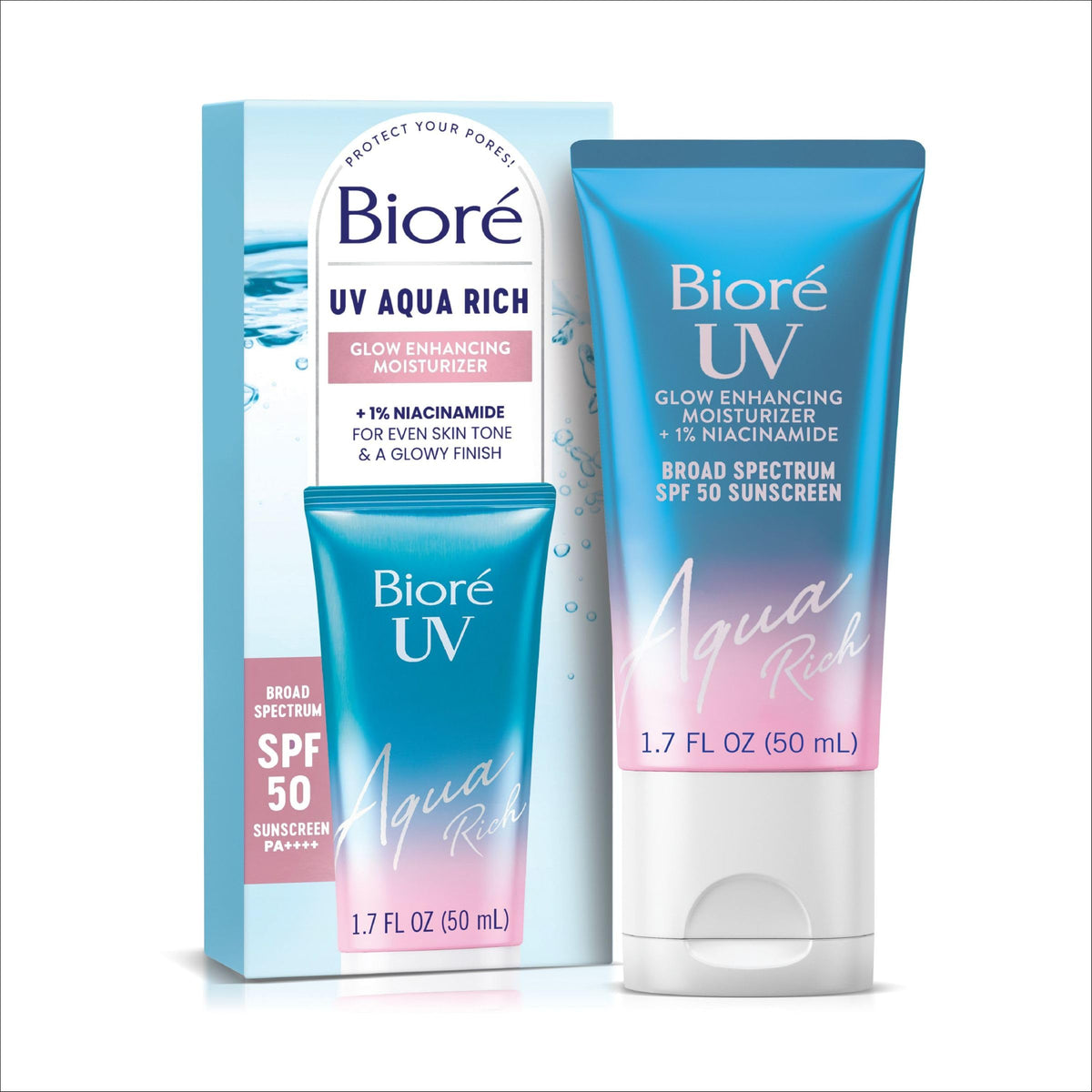 Biore UV Aqua Rich Glow Enhancing Moisturizer bottle with SPF 50 for daily use.