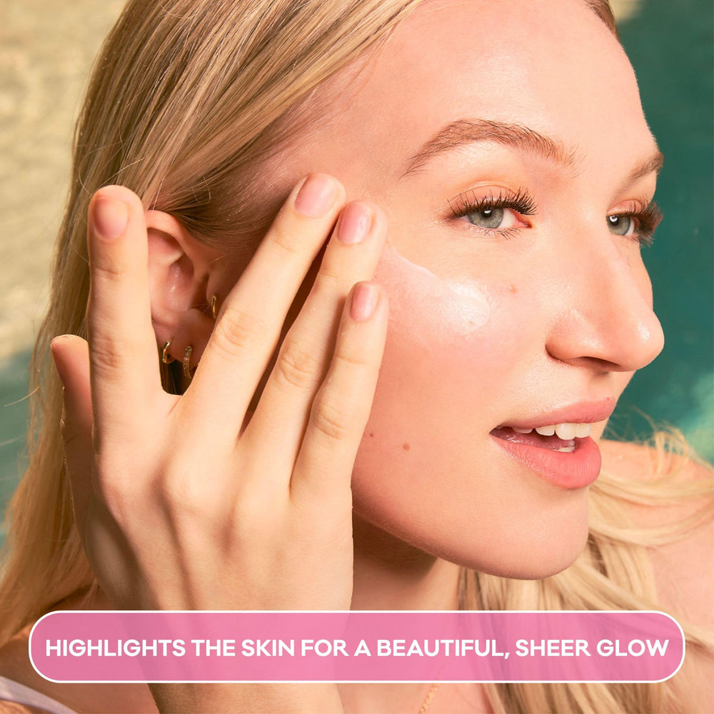 Makeup-priming scene shows glow under makeup without caking.