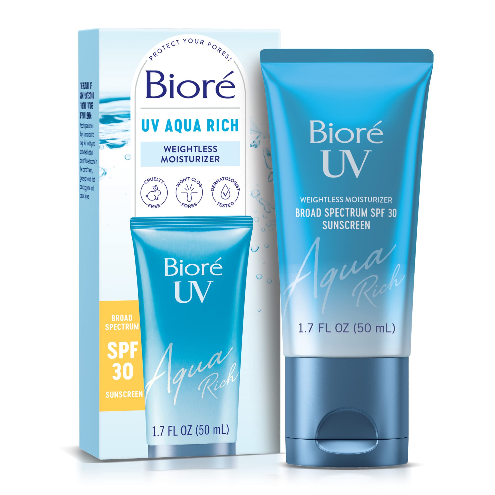 Biore UV Aqua Rich SPF 30 bottle front shows lightweight protection