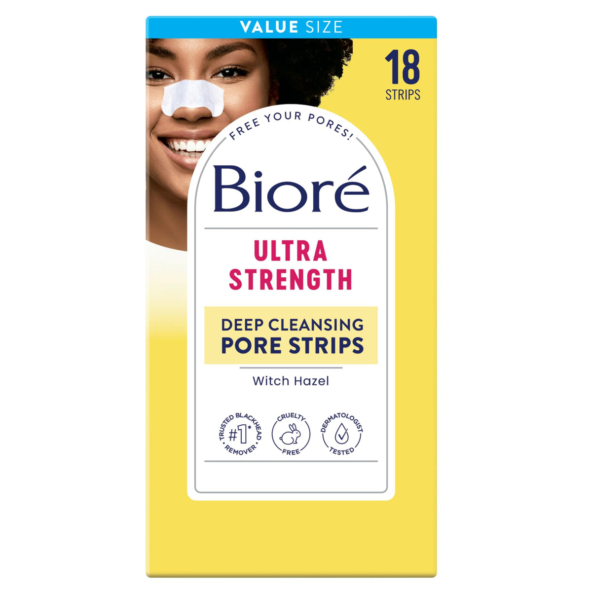 Biore Witch Hazel Ultra Strength Pore Strip demonstrates instant pore unclogging and clean skin.