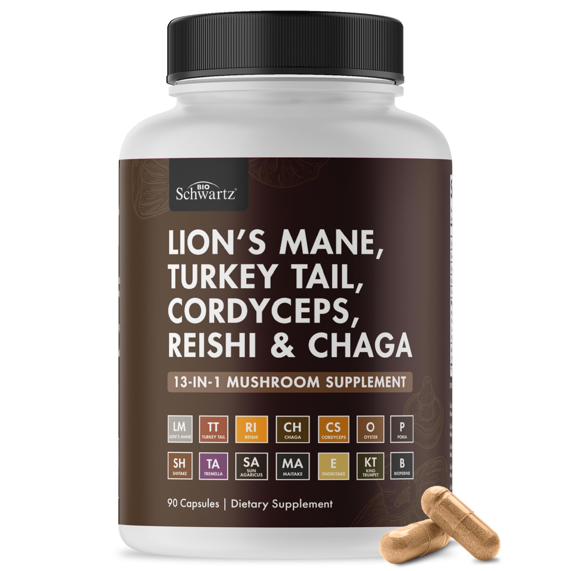 BioSchwartz 13-in-1 mushroom complex bottle on the counter supports daily focus