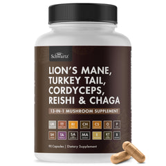 BioSchwartz 13-in-1 mushroom complex bottle on the counter supports daily focus