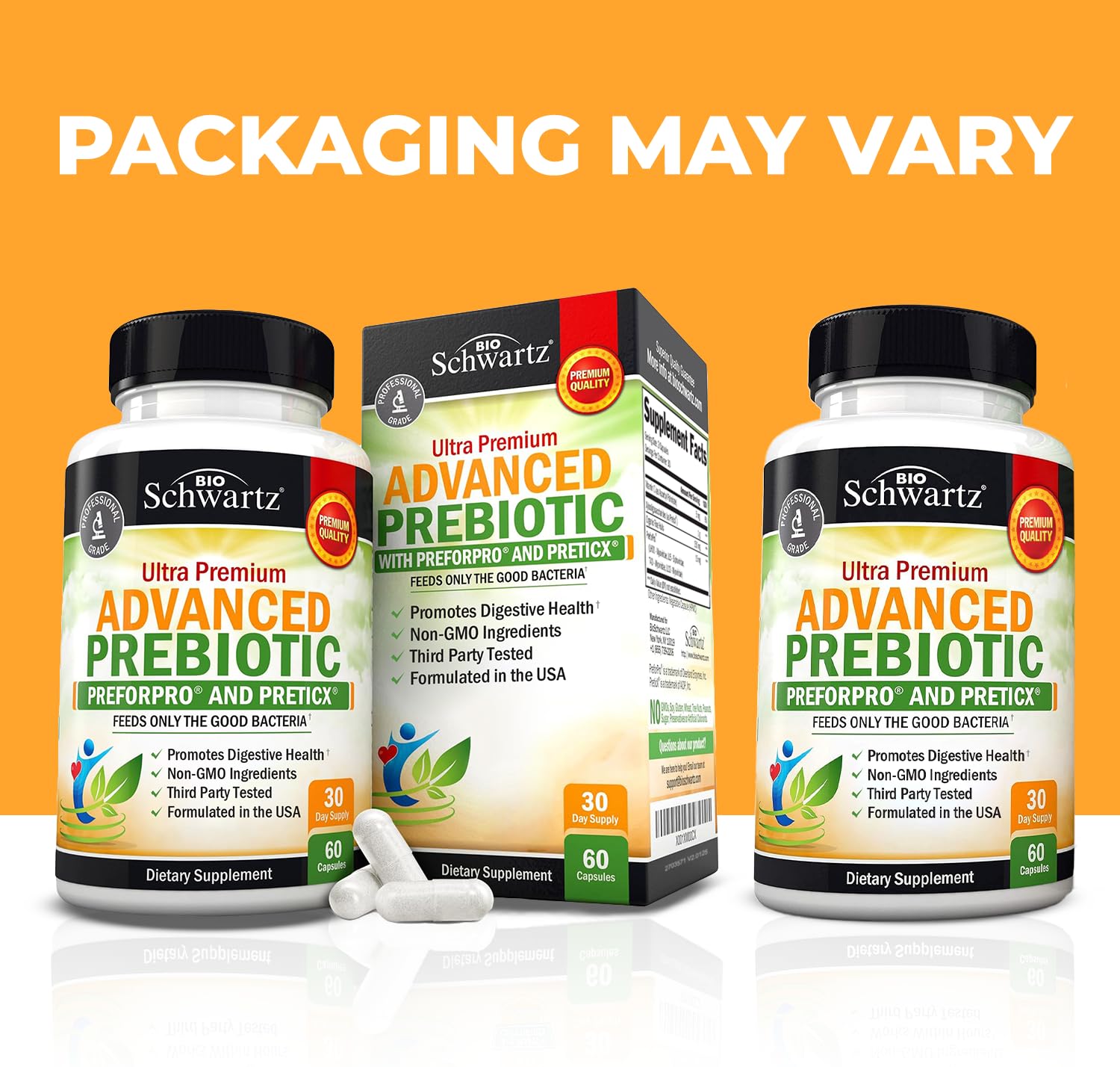 BioSchwartz Advanced Prebiotics bottle back highlights ingredients and purity for gut balance