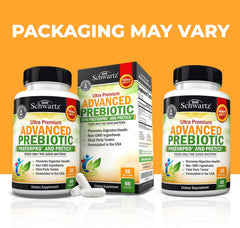 BioSchwartz Advanced Prebiotics bottle back highlights ingredients and purity for gut balance