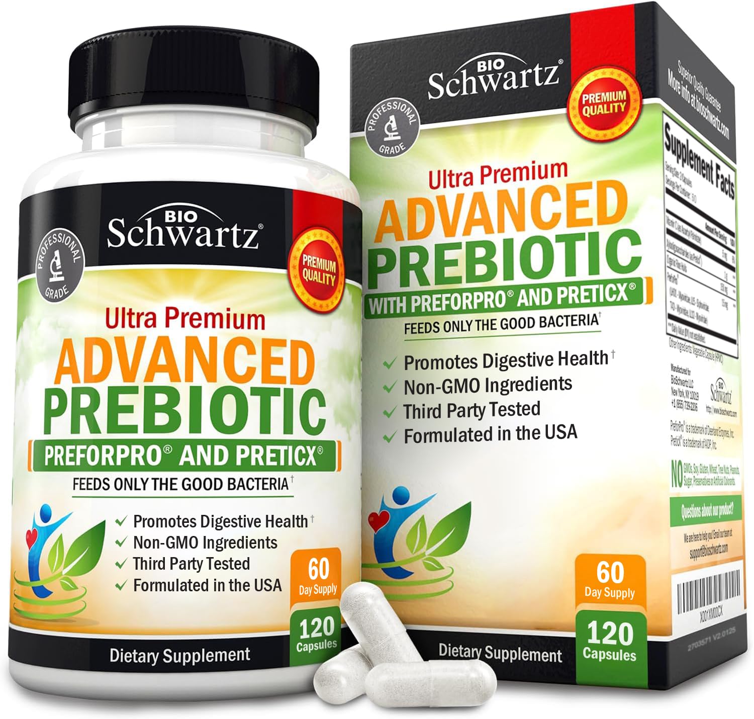 BioSchwartz Advanced Prebiotics bottle promotes digestive balance and daily wellness.