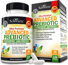 BioSchwartz Advanced Prebiotics bottle promotes digestive balance and daily wellness.