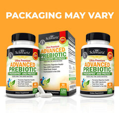 BioSchwartz Advanced Prebiotics label highlights clinically studied prebiotics.