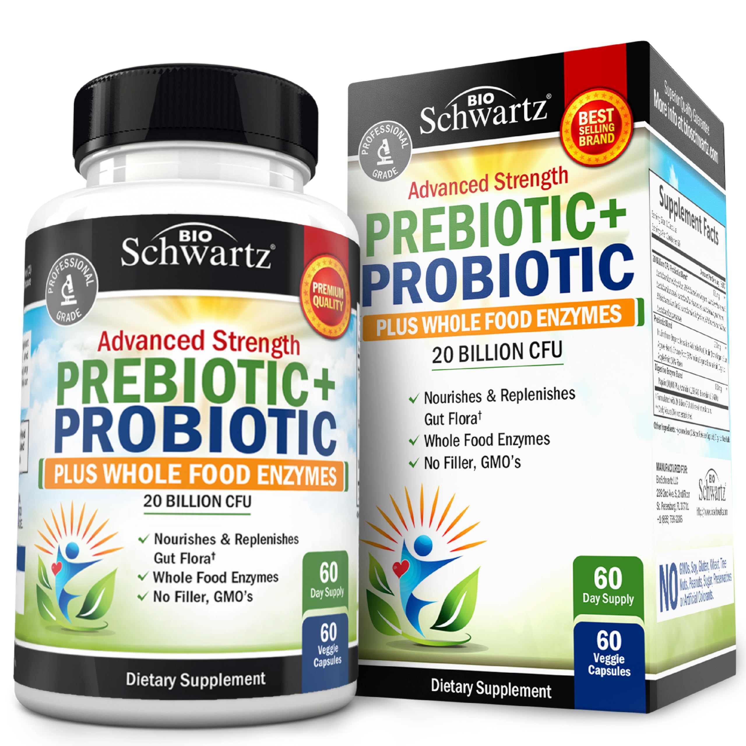 BioSchwartz advanced prebiotics and probiotics bottle highlights digestive balance potential.