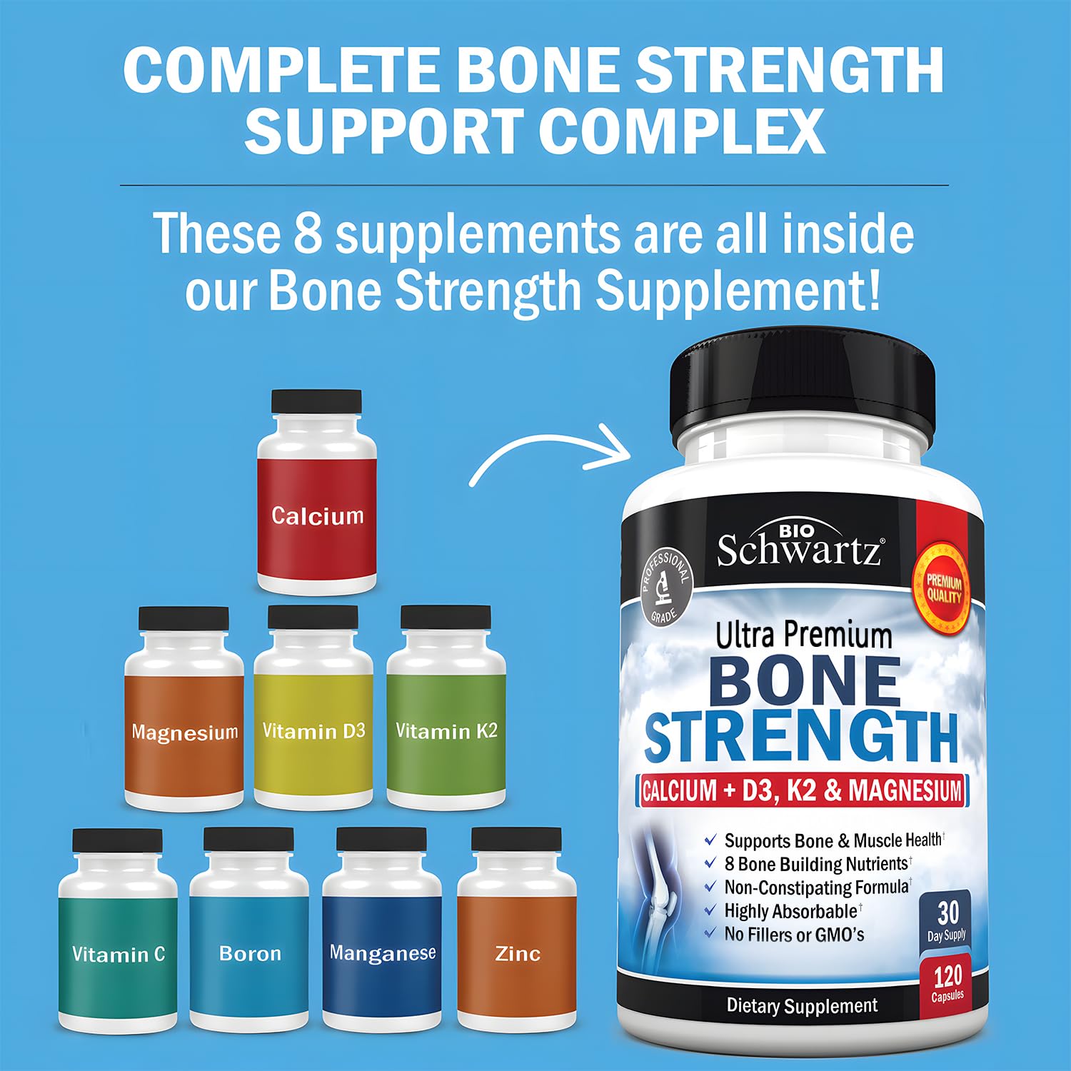 BioSchwartz Bone Strength capsules close-up highlighting 9-in-1 minerals for absorption.
