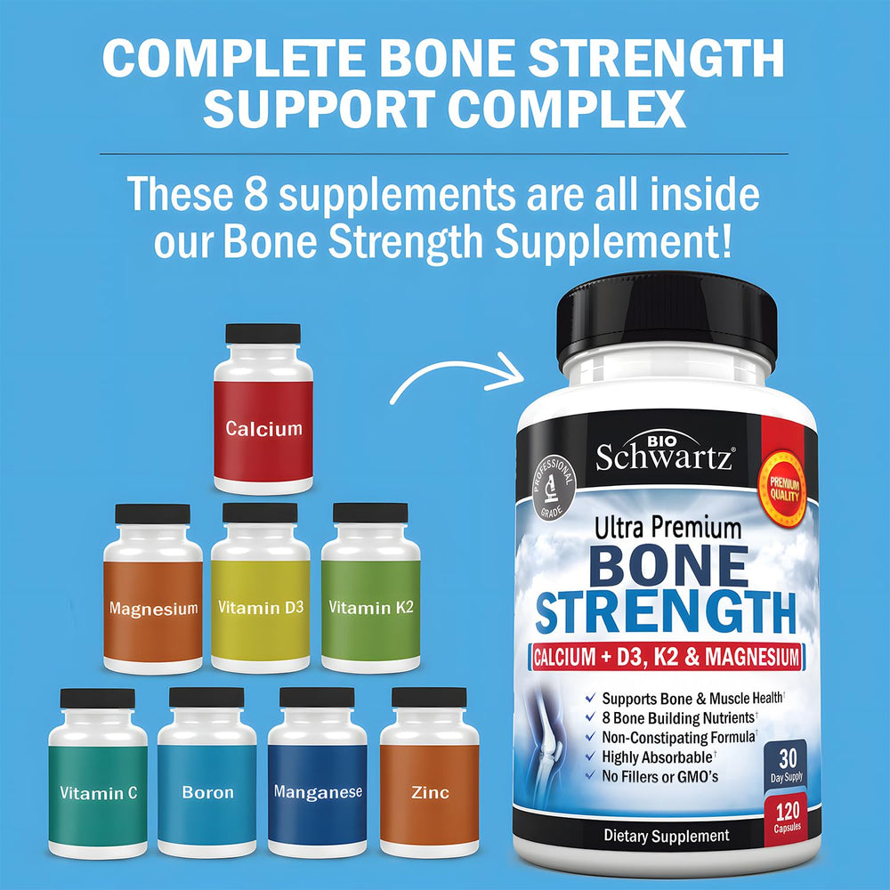 BioSchwartz Bone Strength capsules close-up highlighting 9-in-1 minerals for absorption.