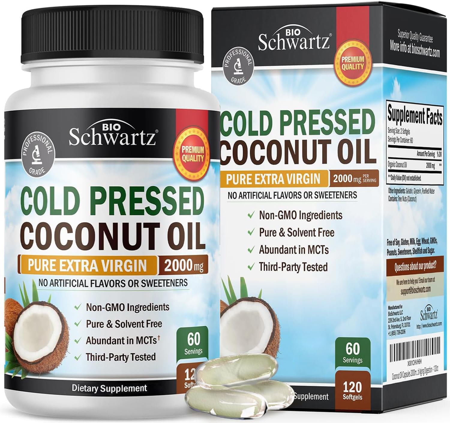 BioSchwartz coconut oil softgels bottle shows premium organic capsules for skin and nails.
