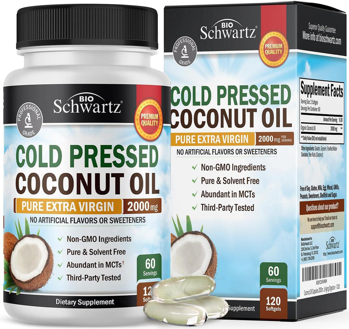 BioSchwartz coconut oil softgels bottle shows premium organic capsules for skin and nails.