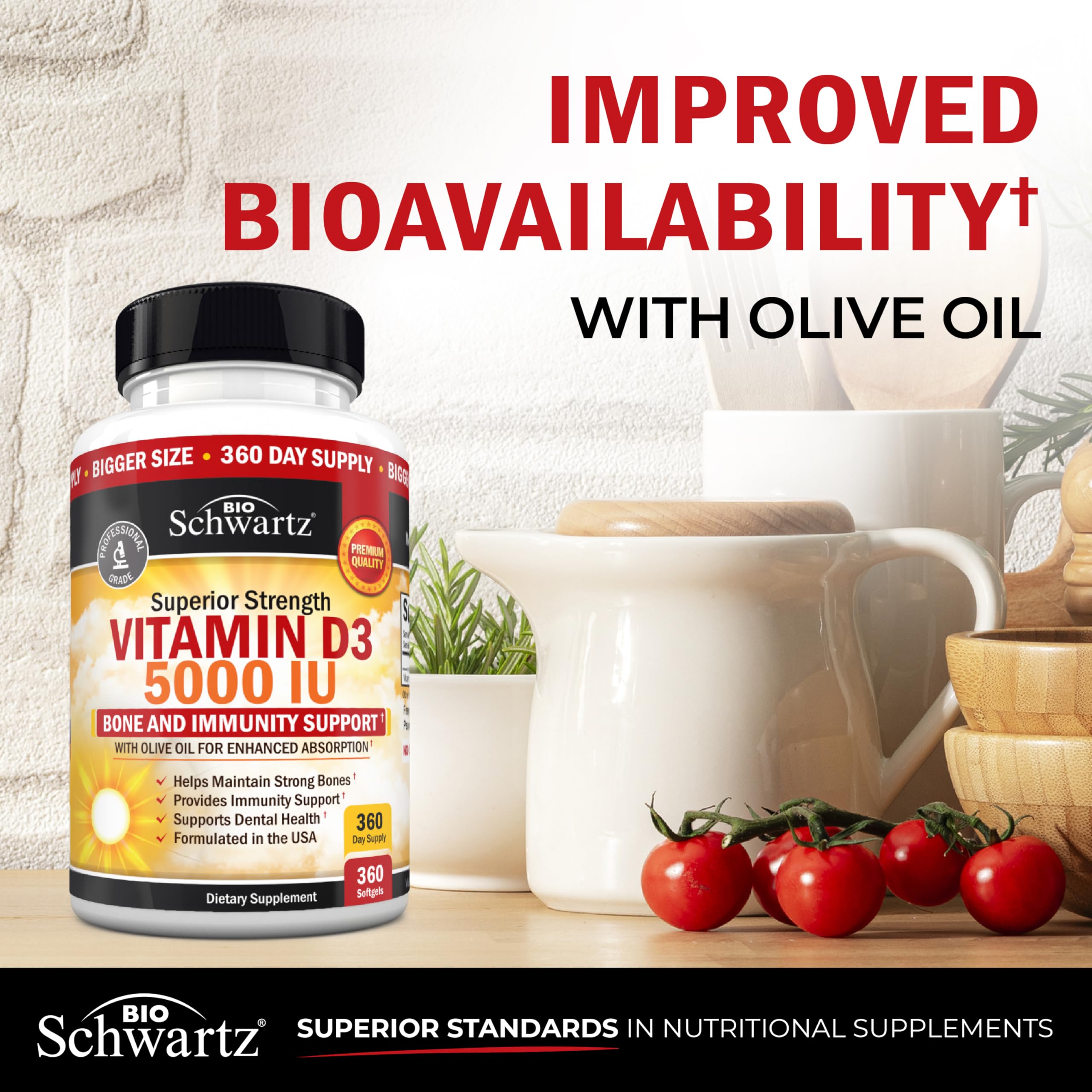 BioSchwartz D3 5000 IU glass bottle on shelf.