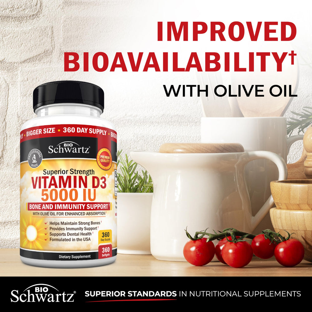 BioSchwartz D3 5000 IU glass bottle on shelf.