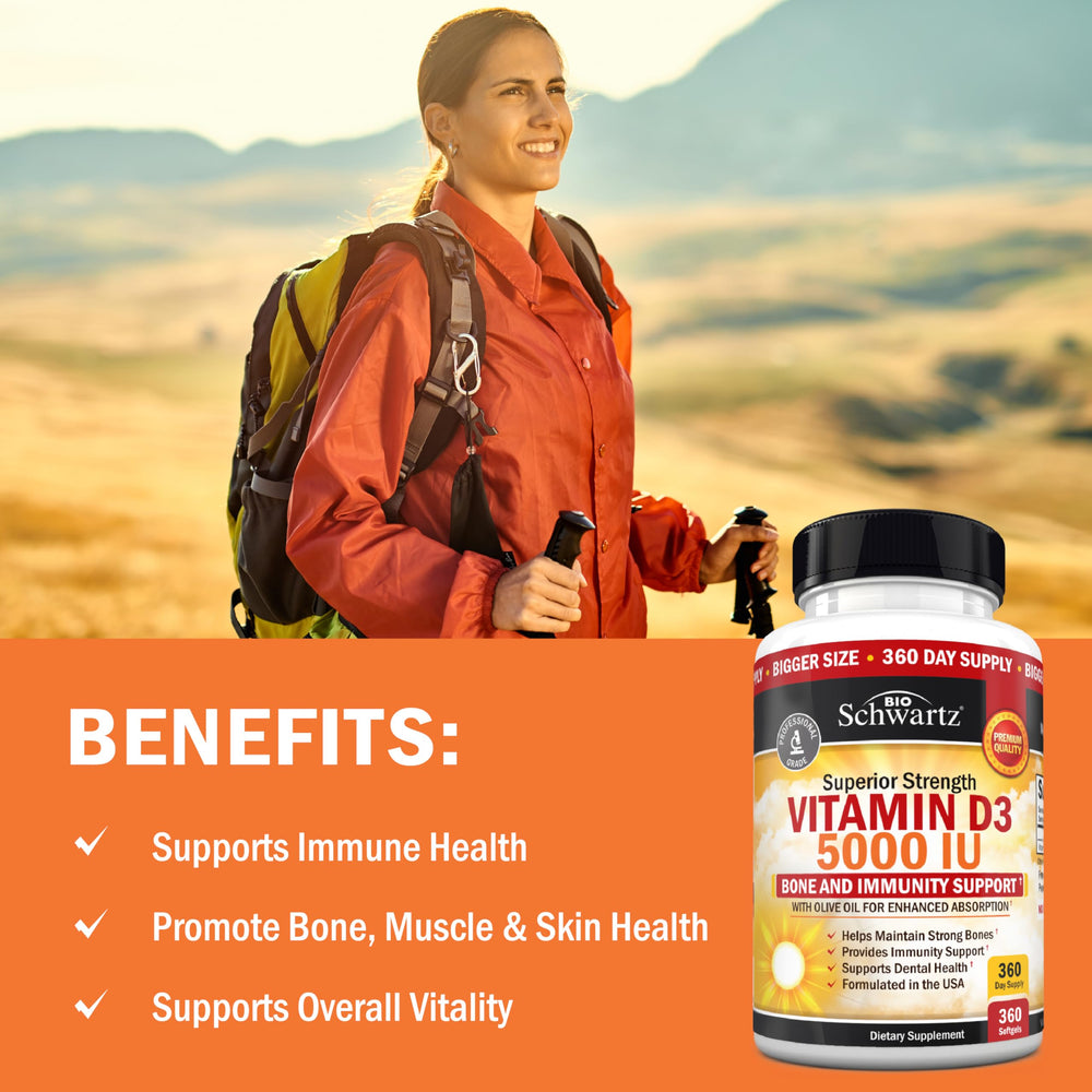 BioSchwartz D3 5000 IU olive oil formula enhances absorption.