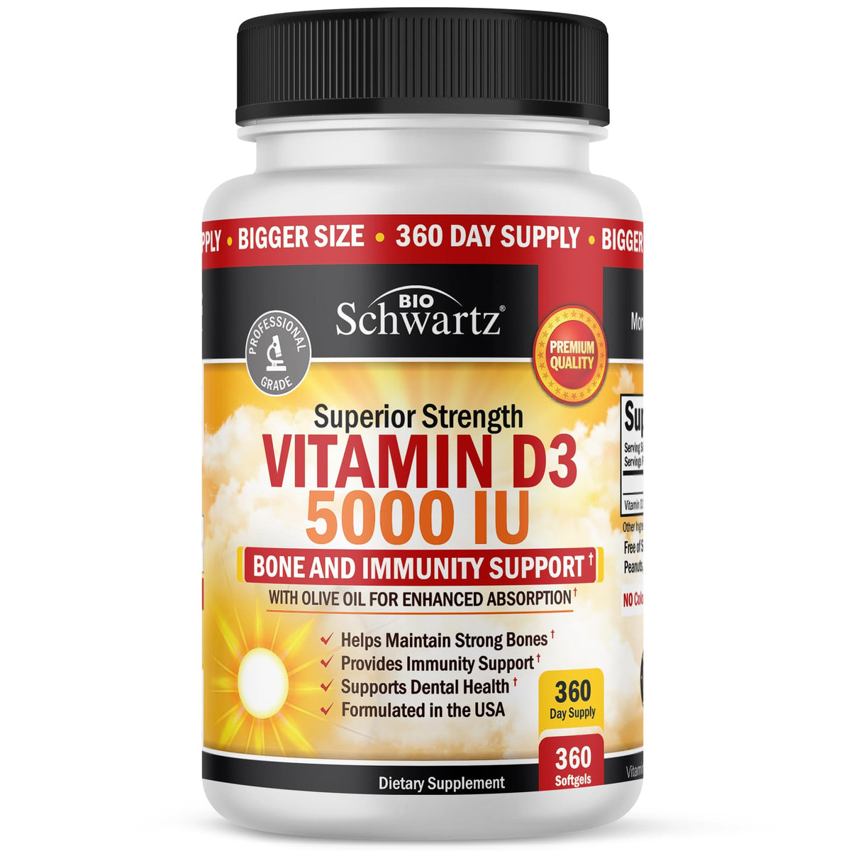 BioSchwartz Vitamin D3 5000 IU softgel bottle for daily immune and bone support.
