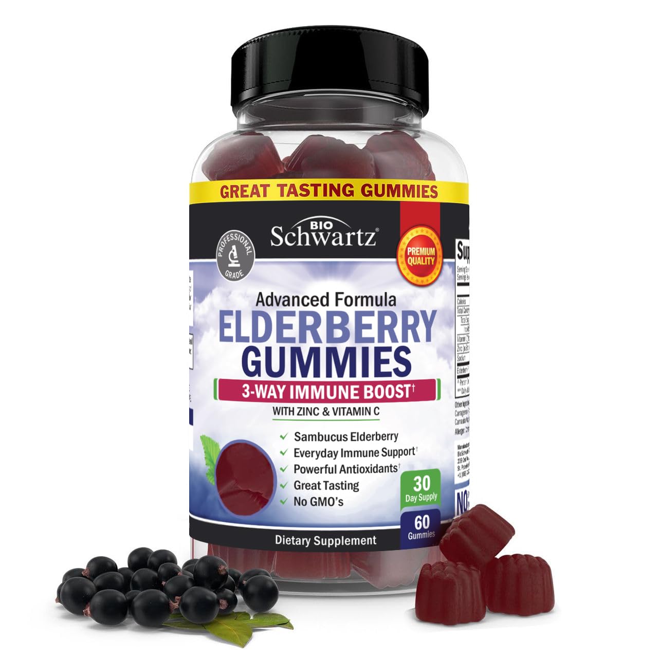 BioSchwartz Elderberry Gummies bottle-front-label offers natural immune support for the whole family.