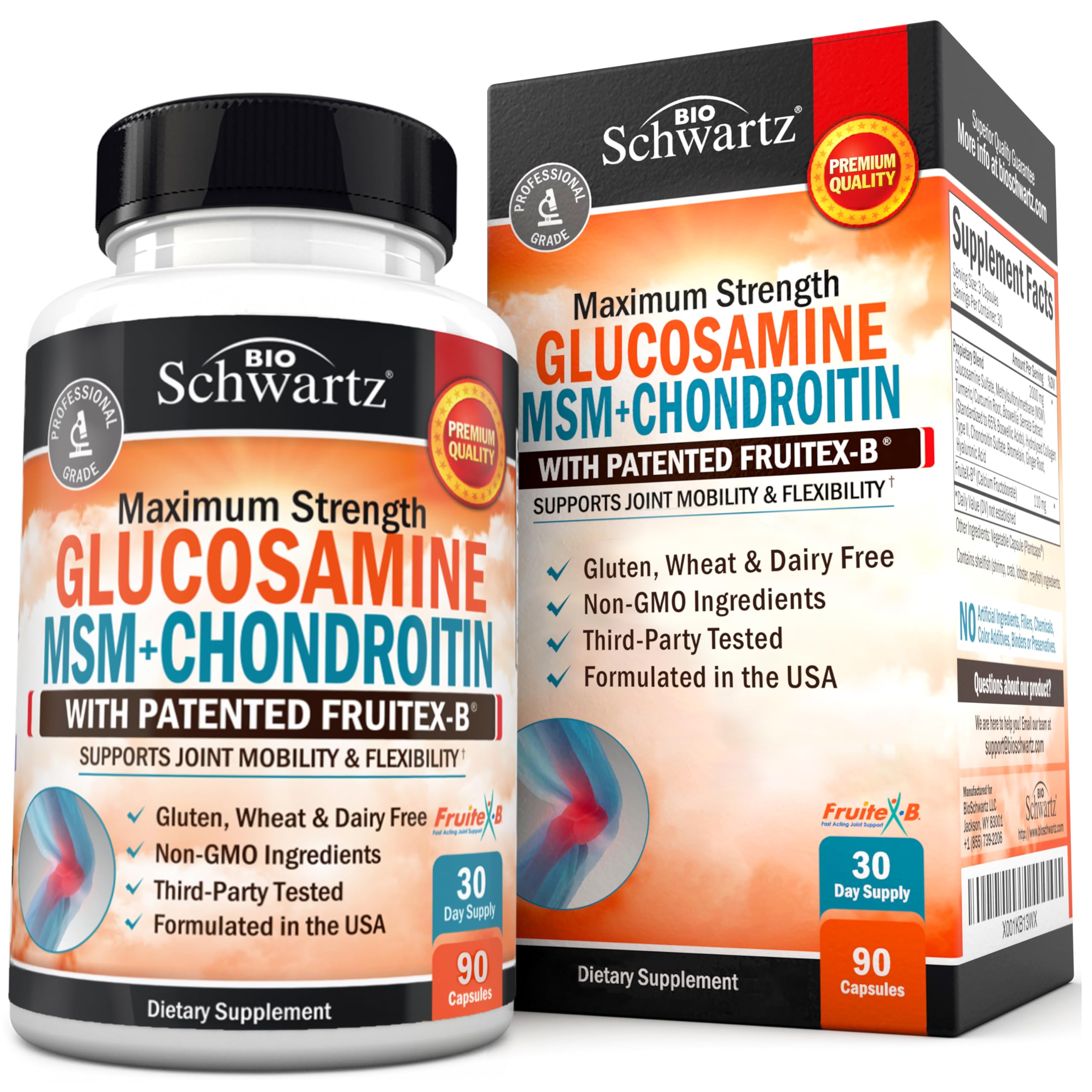 BioSchwartz glucosamine-chondroitin-msm bottle supports joint comfort and mobility.