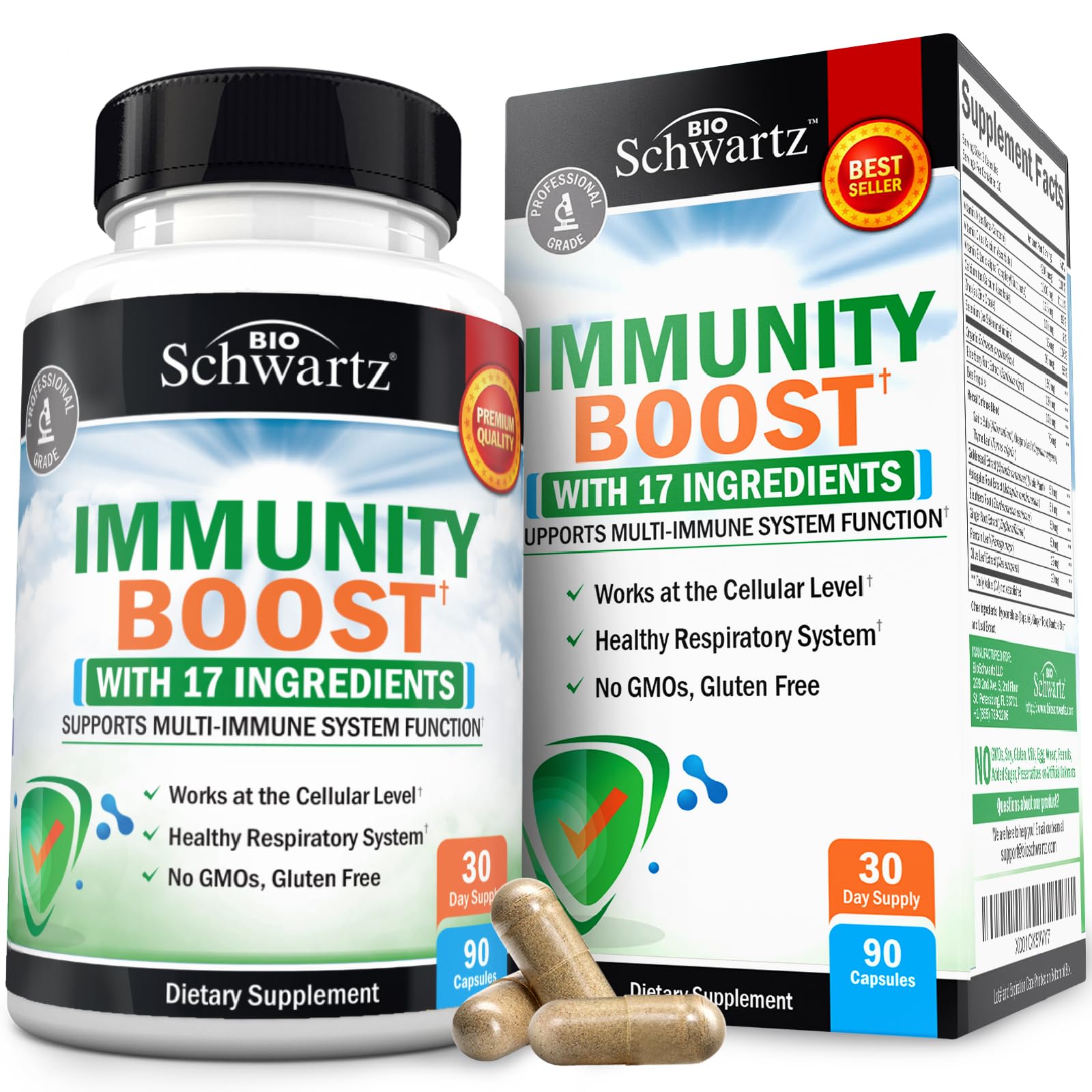 BioSchwartz Immune Support bottle with capsules for daily immune support and antioxidant routine.