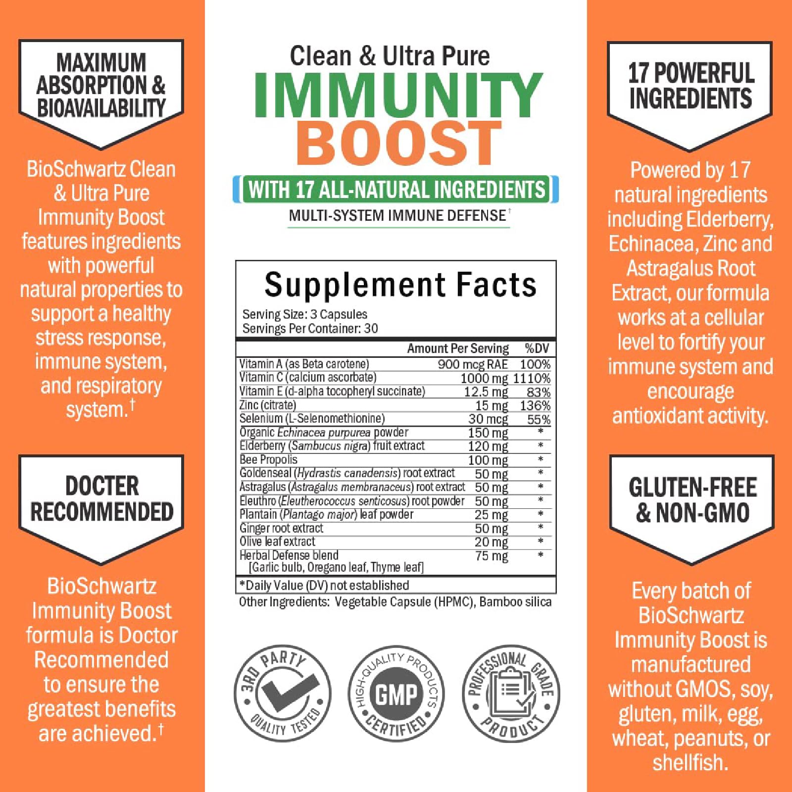 BioSchwartz Immune Support product label front showing ingredient highlights and purity.