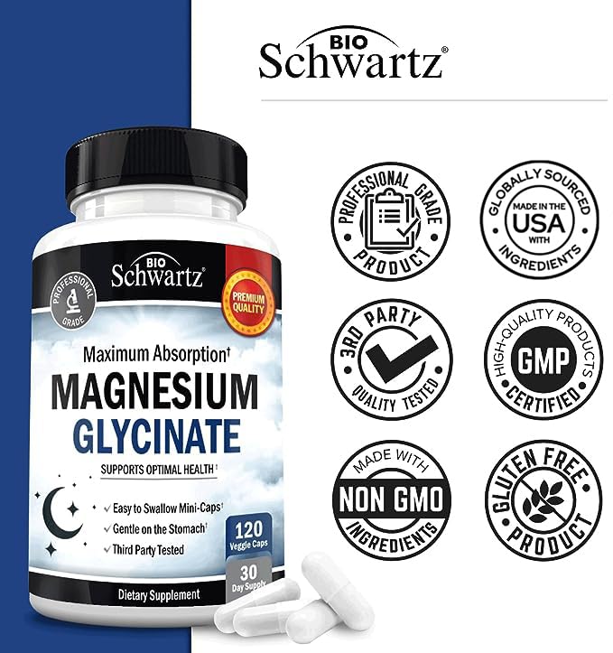 Vegan, gluten-free BioSchwartz magnesium glycinate supports daily wellness.