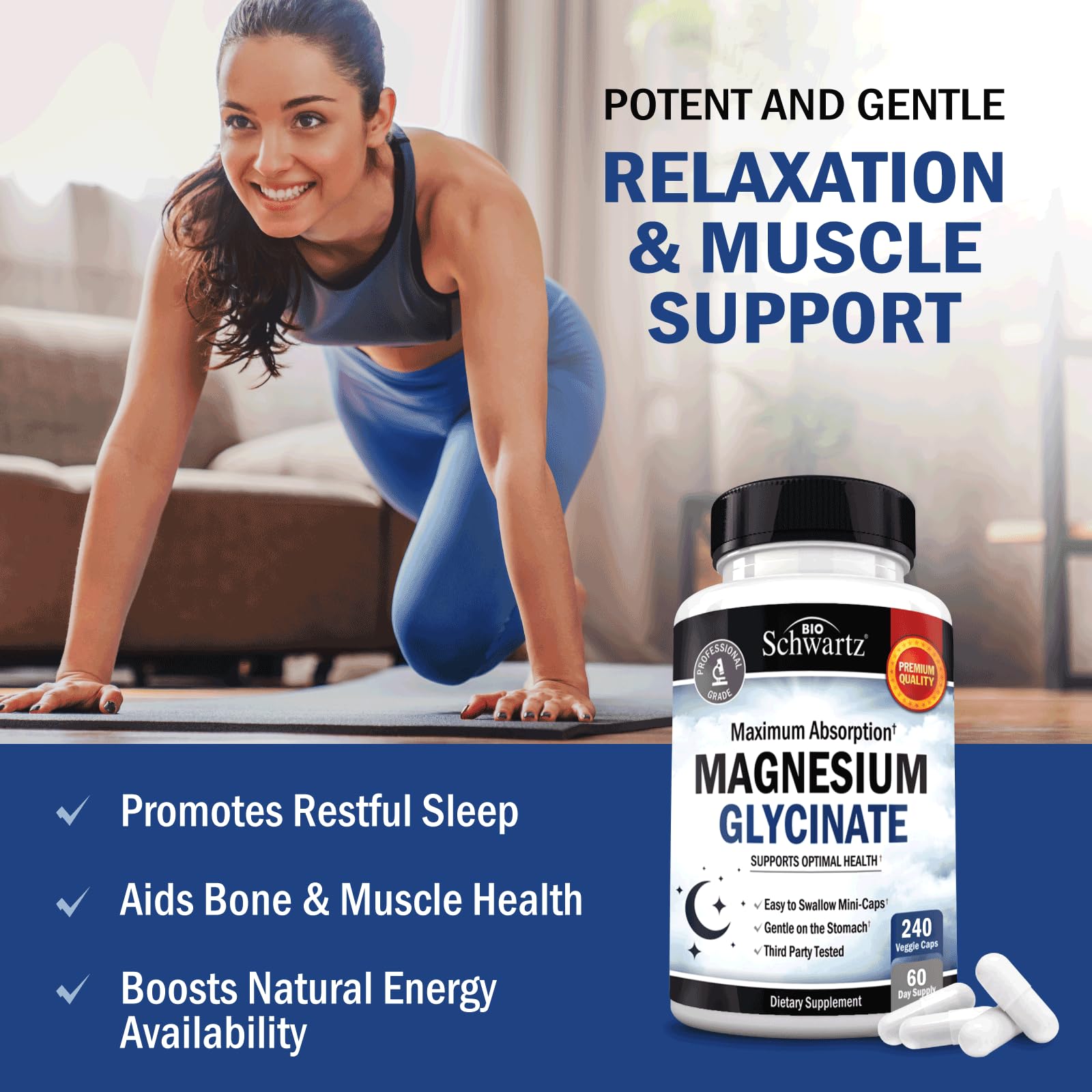 BioSchwartz magnesium glycinate mini capsules are easy to swallow and gentle on the stomach.