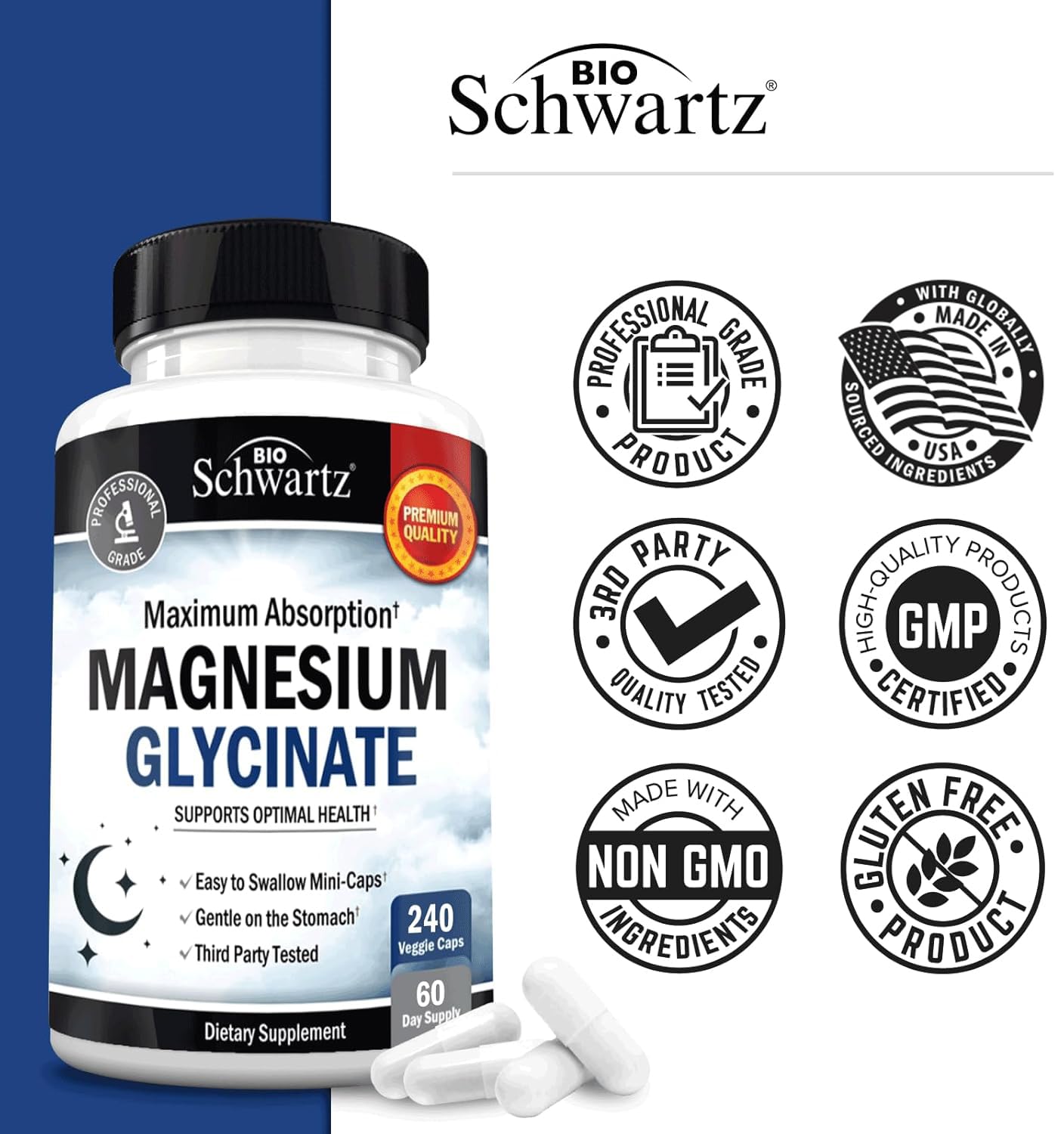 Vegan, gluten-free BioSchwartz magnesium glycinate packaging and capsules.