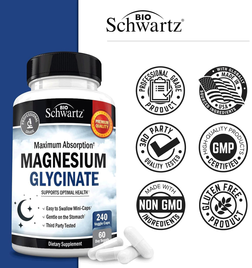 Vegan, gluten-free BioSchwartz magnesium glycinate packaging and capsules.