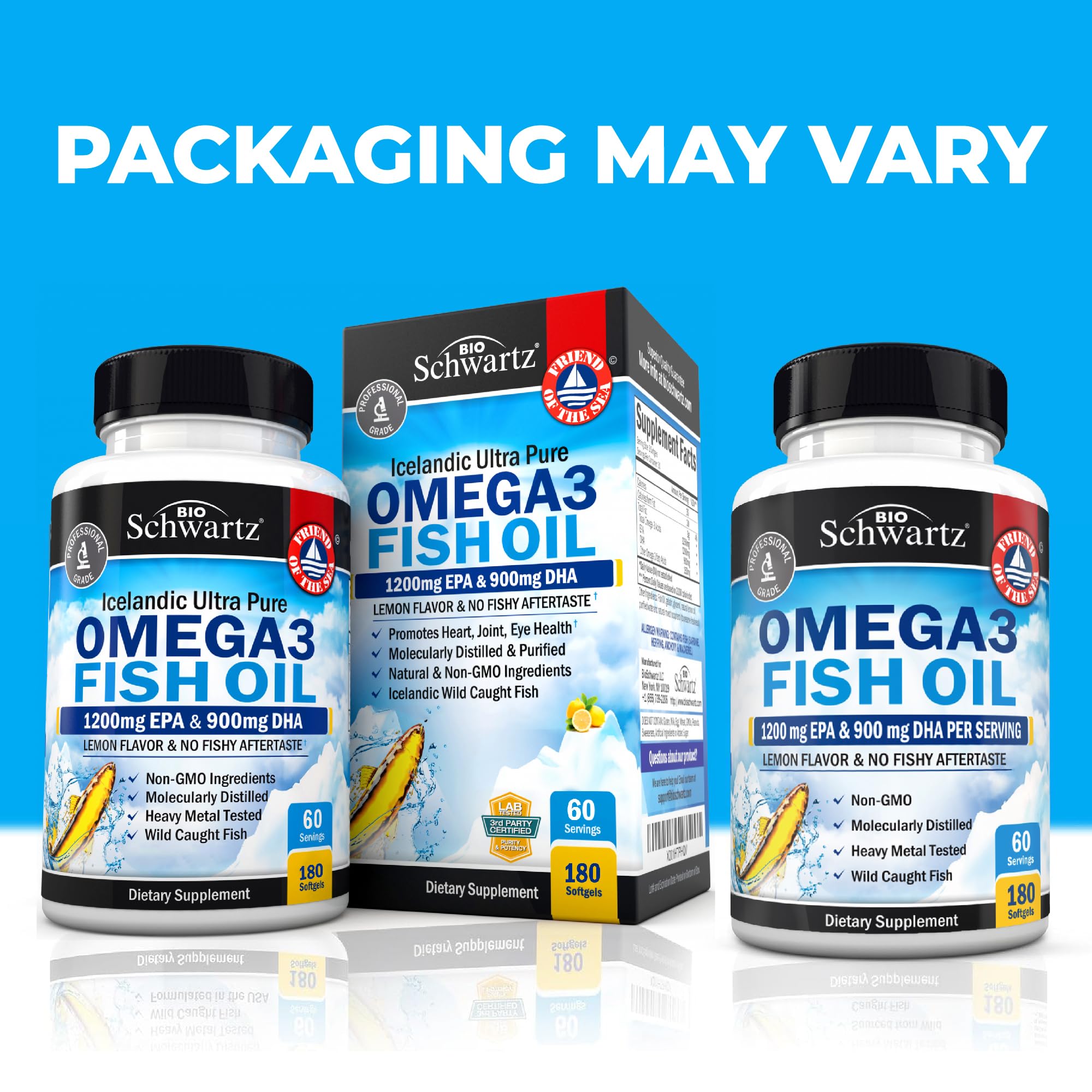 BioSchwartz omega-3 softgels closeup highlights burpless lemon flavor.
