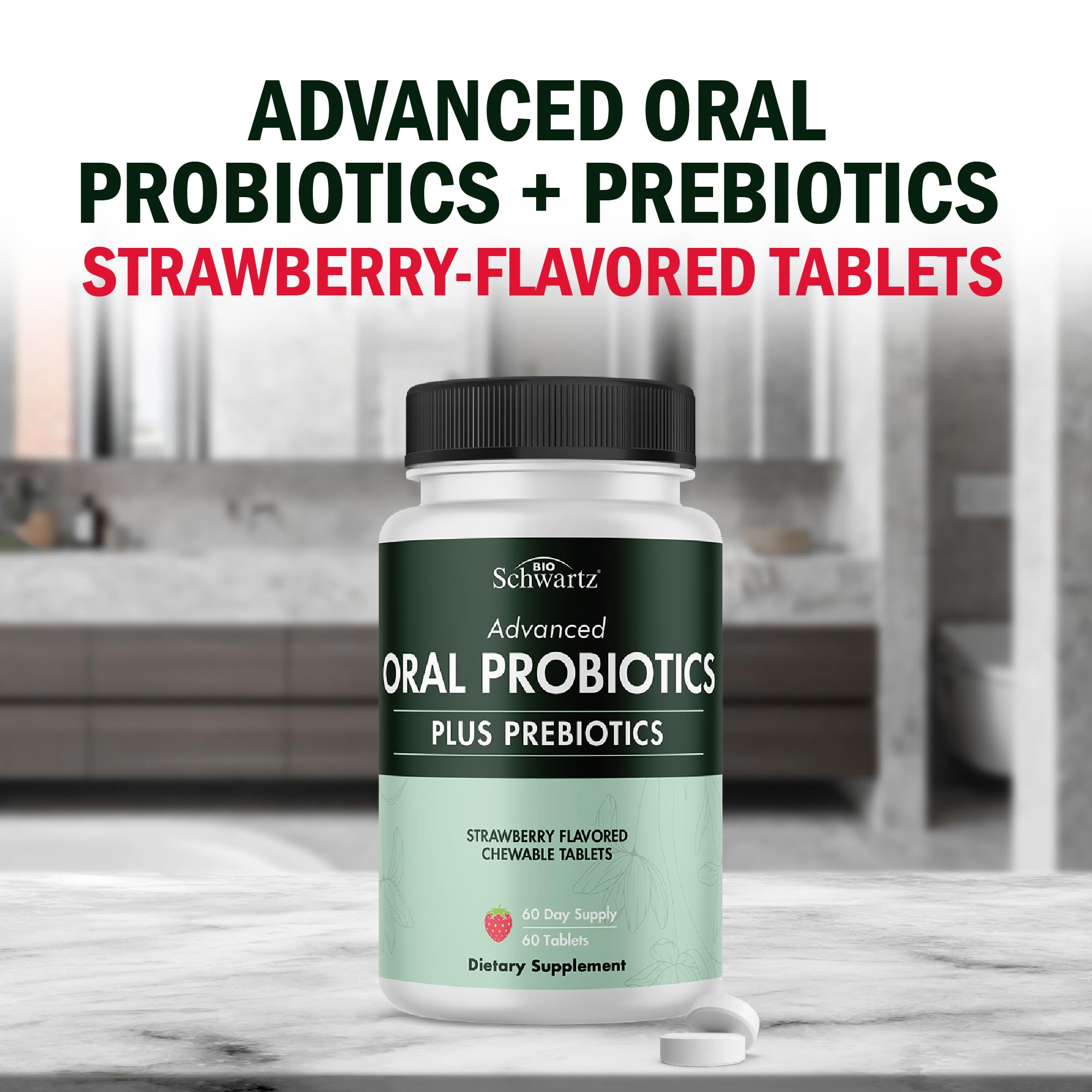BioSchwartz bottle with tablets highlights prebiotic inulin for gut-oral balance.