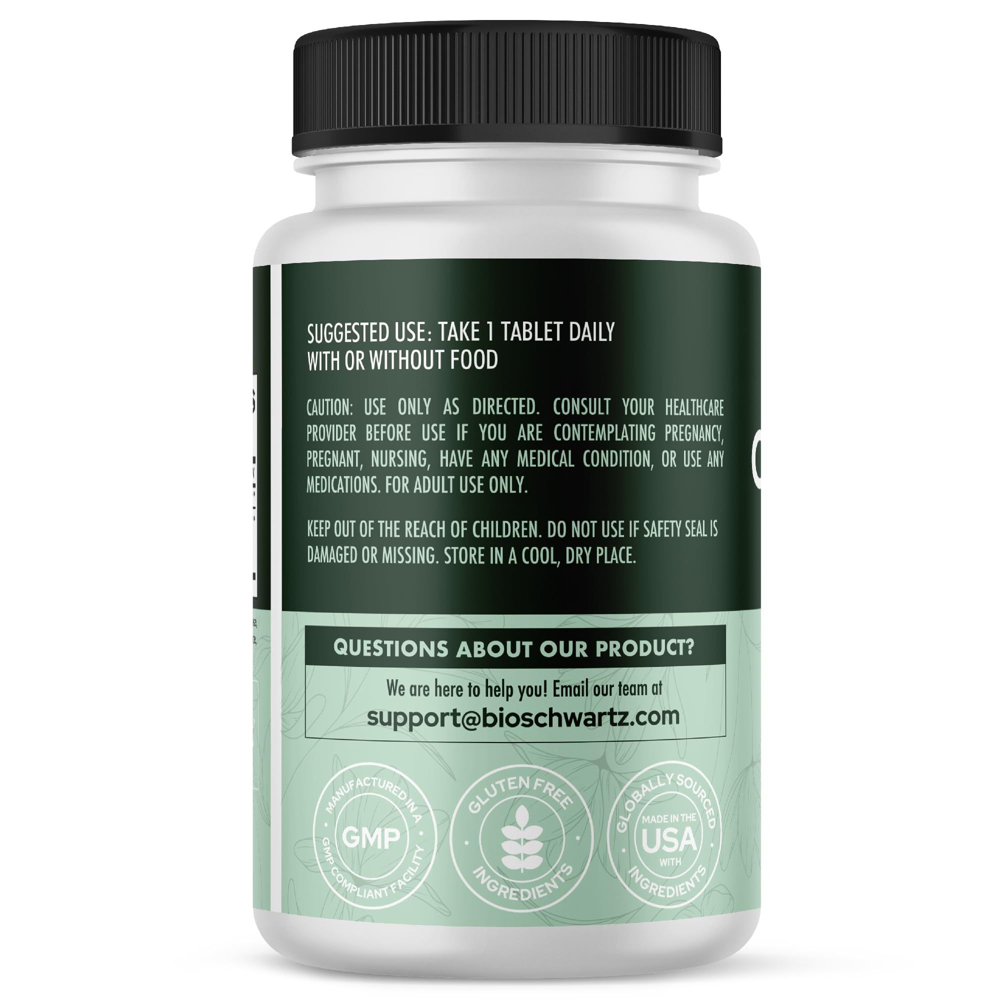 BioSchwartz product bottle with label communicates probiotic strains for daily mouth health.