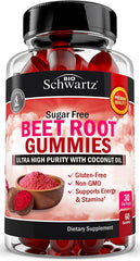 BioSchwartz sugar-free beet root gummies strawberry bottle for daily energy support.
