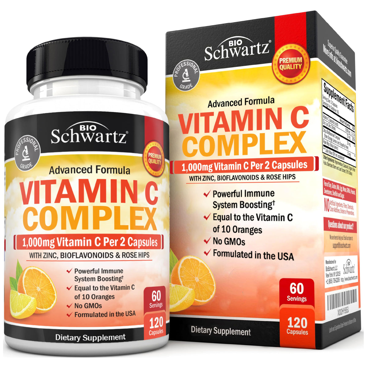 BioSchwartz Vitamin C Complex bottle front view highlighting 120 count for immune support