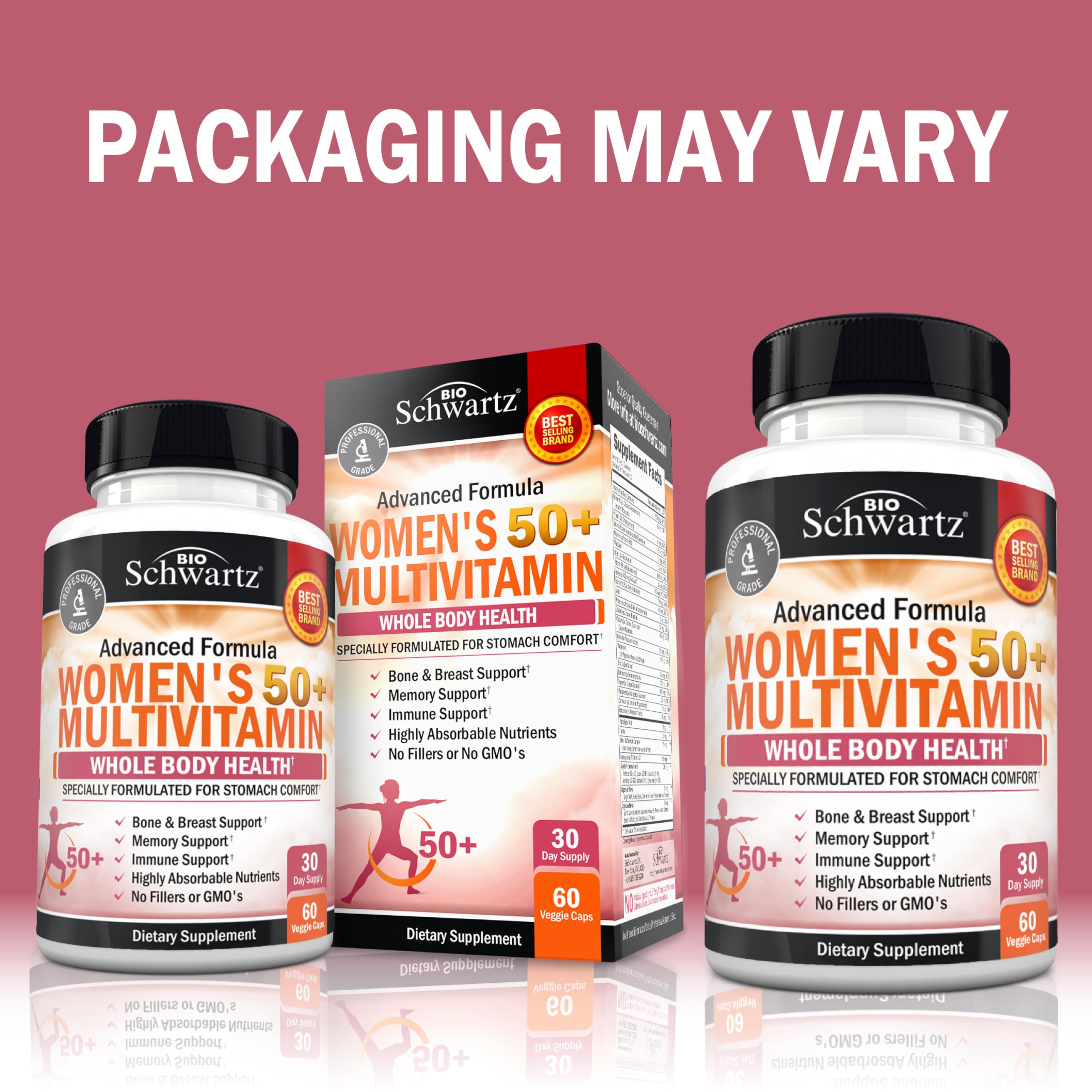 BioSchwartz women's 50+ capsules closeup highlights easy digestion support