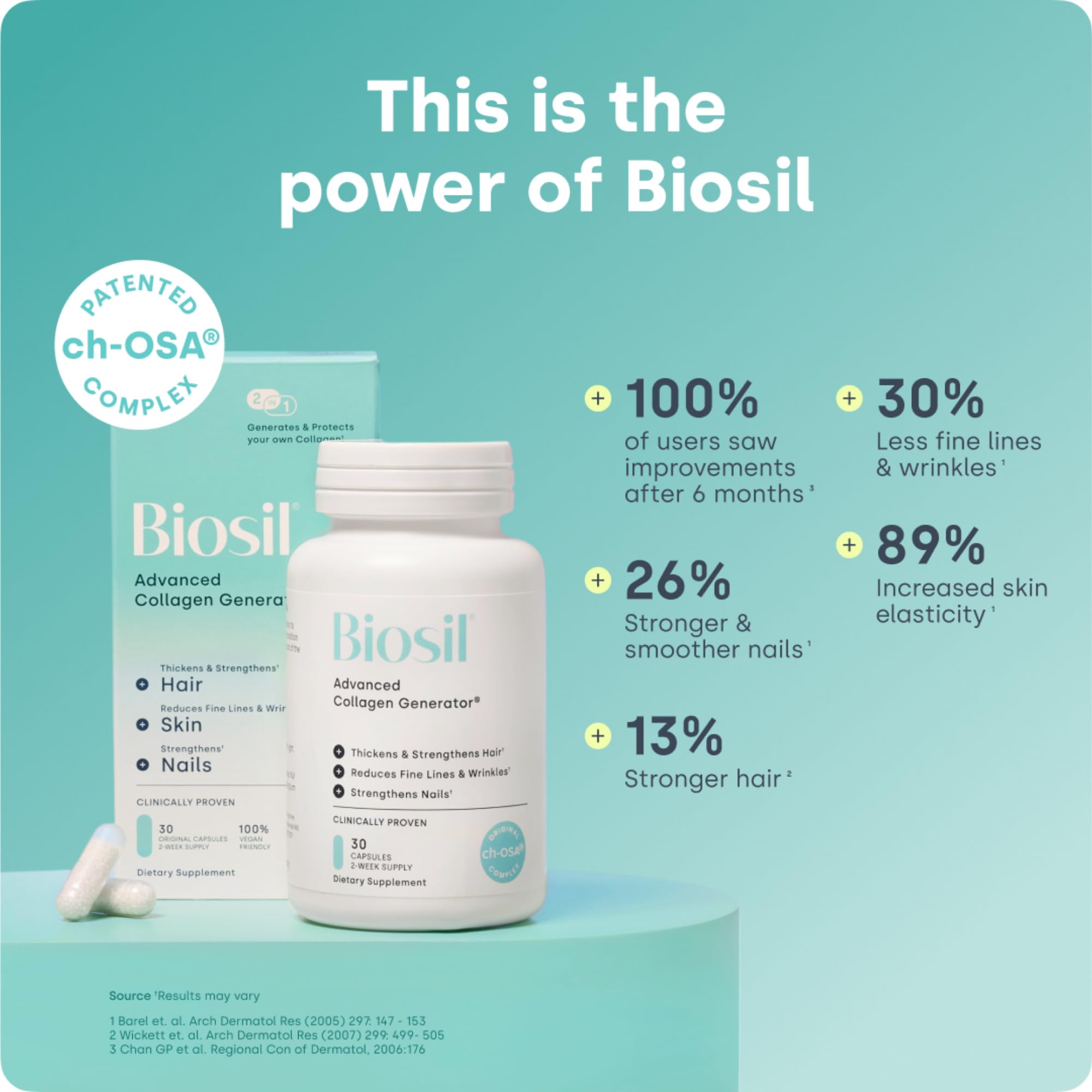 Biosil Collagen Booster bottle and box show convenient packaging for on-the-go use