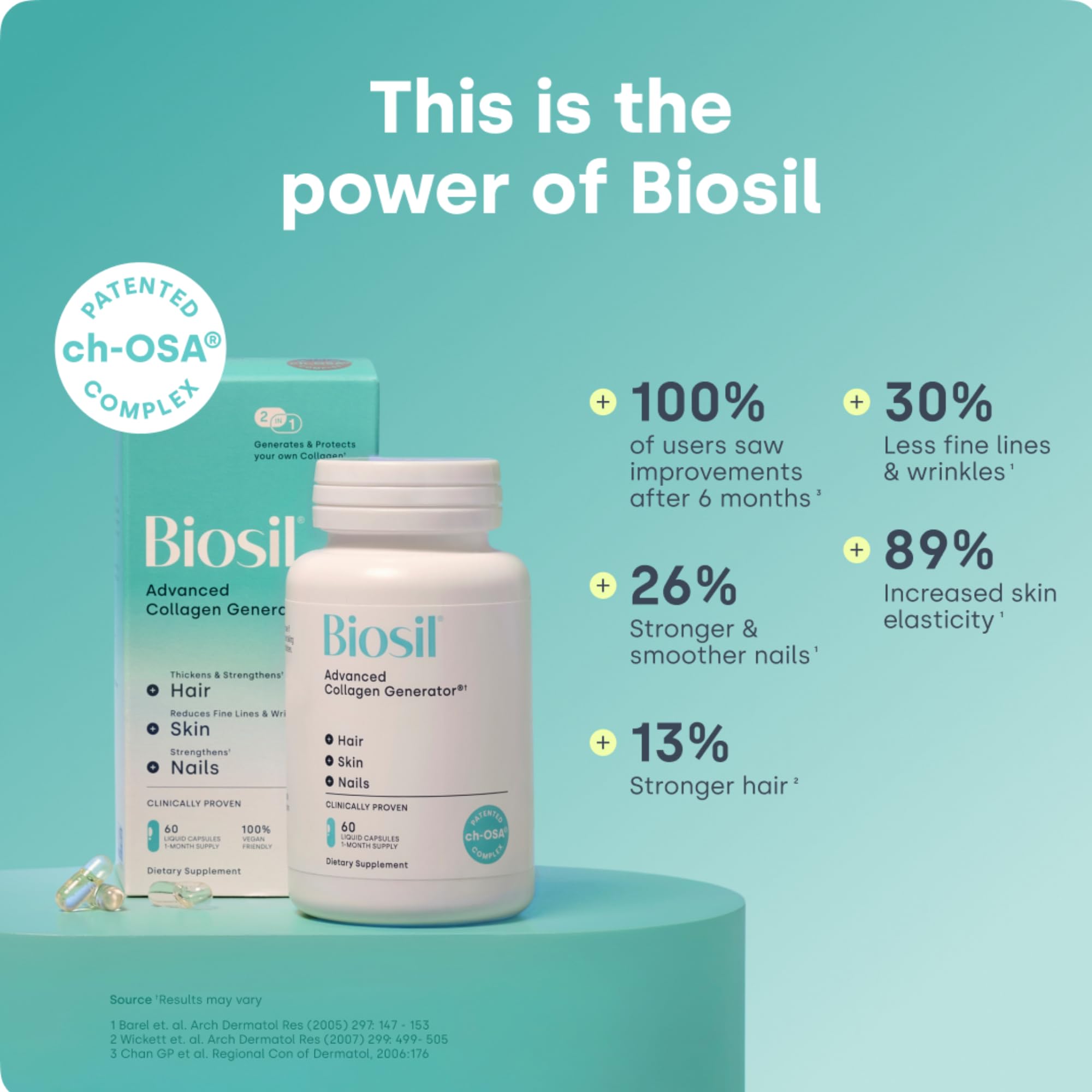 Biosil Collagen Booster capsule closeup highlights the vegan formula.