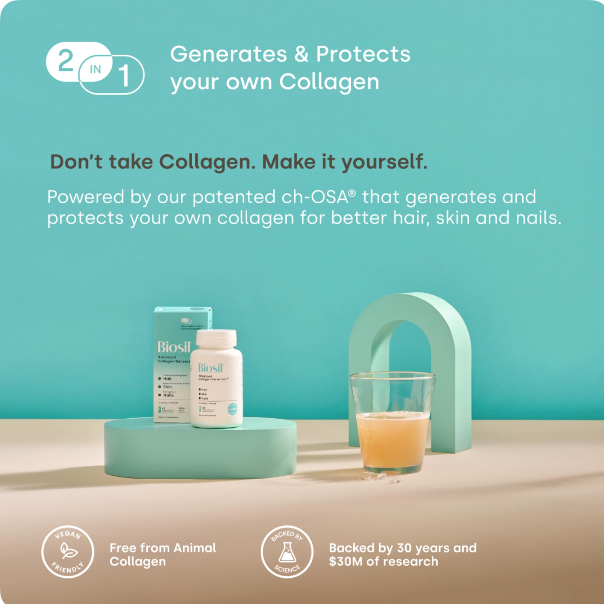 Biosil Collagen Booster open vial reveals compact capsules for on-the-go use.