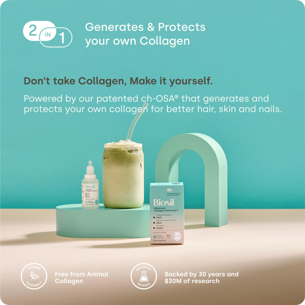 Biosil packaging shown in a scene with nail, hair, and skin care items.