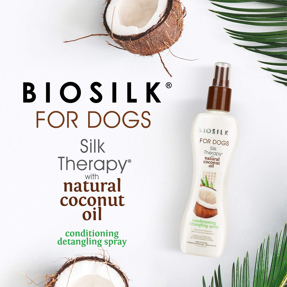 BioSilk for Dogs detangler spray eases knots, improving coat manageability.