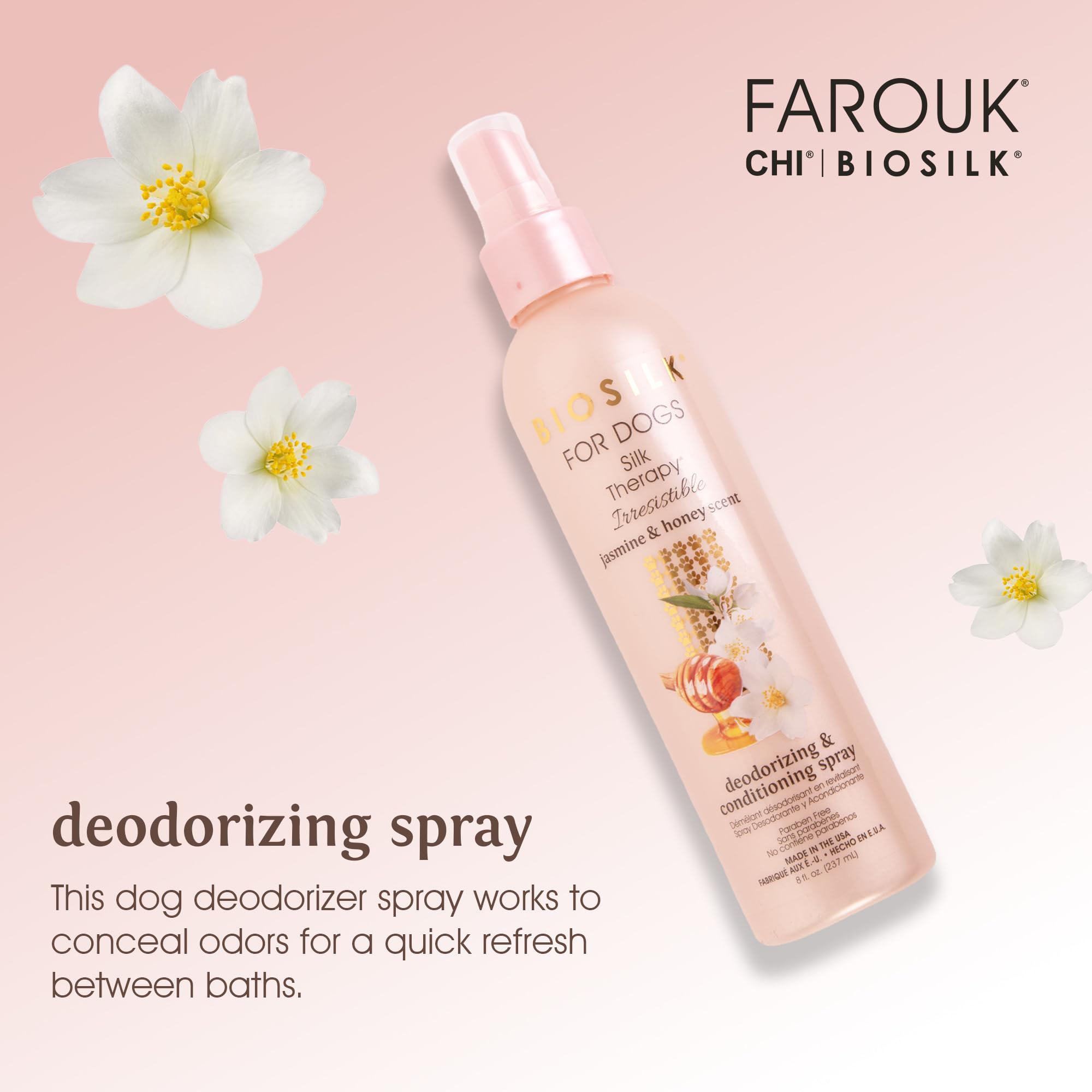 BioSilk for Dogs Silk Therapy Spray label highlights paraben-free, pH-balanced formula