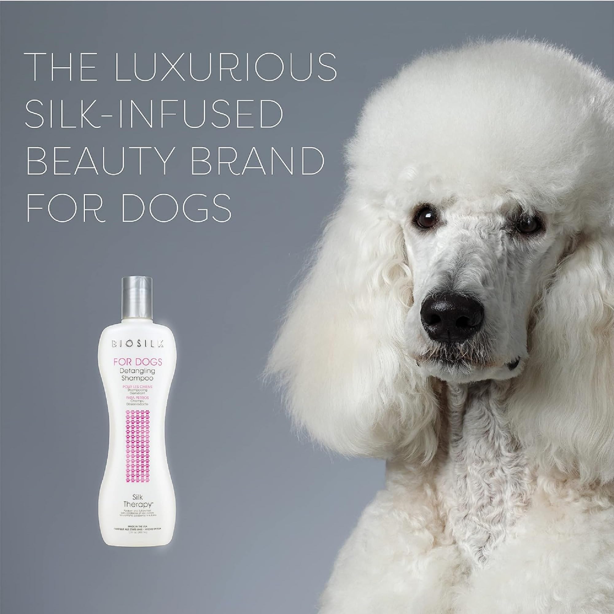 BioSilk for Dogs Made in USA label signals quality grooming.