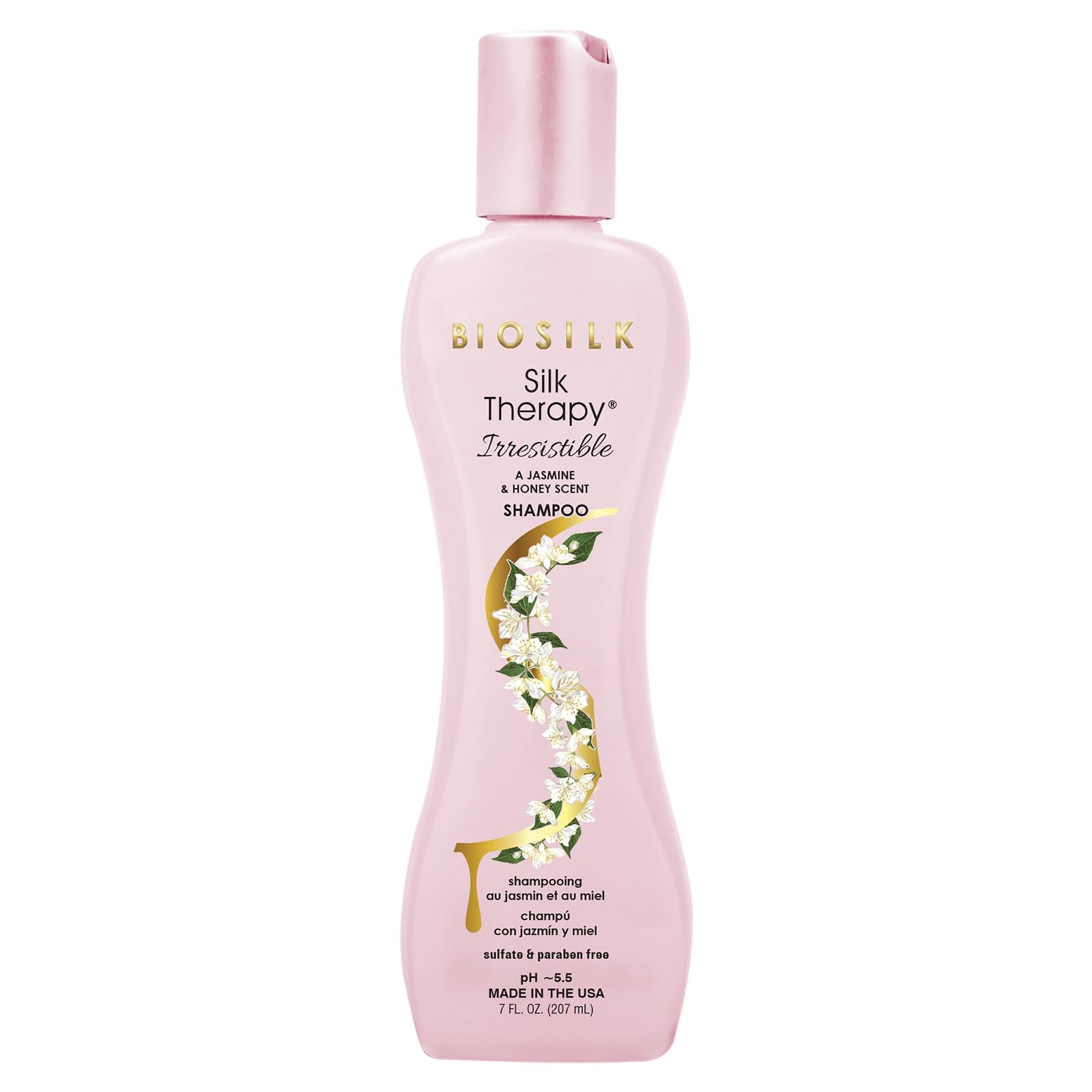 BioSilk Irresistible Shampoo bottle—sleek packaging and clean, shiny hair.