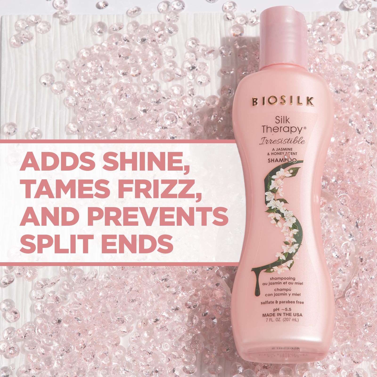 BioSilk Irresistible Shampoo close-up texture suggesting moisture and manageability.