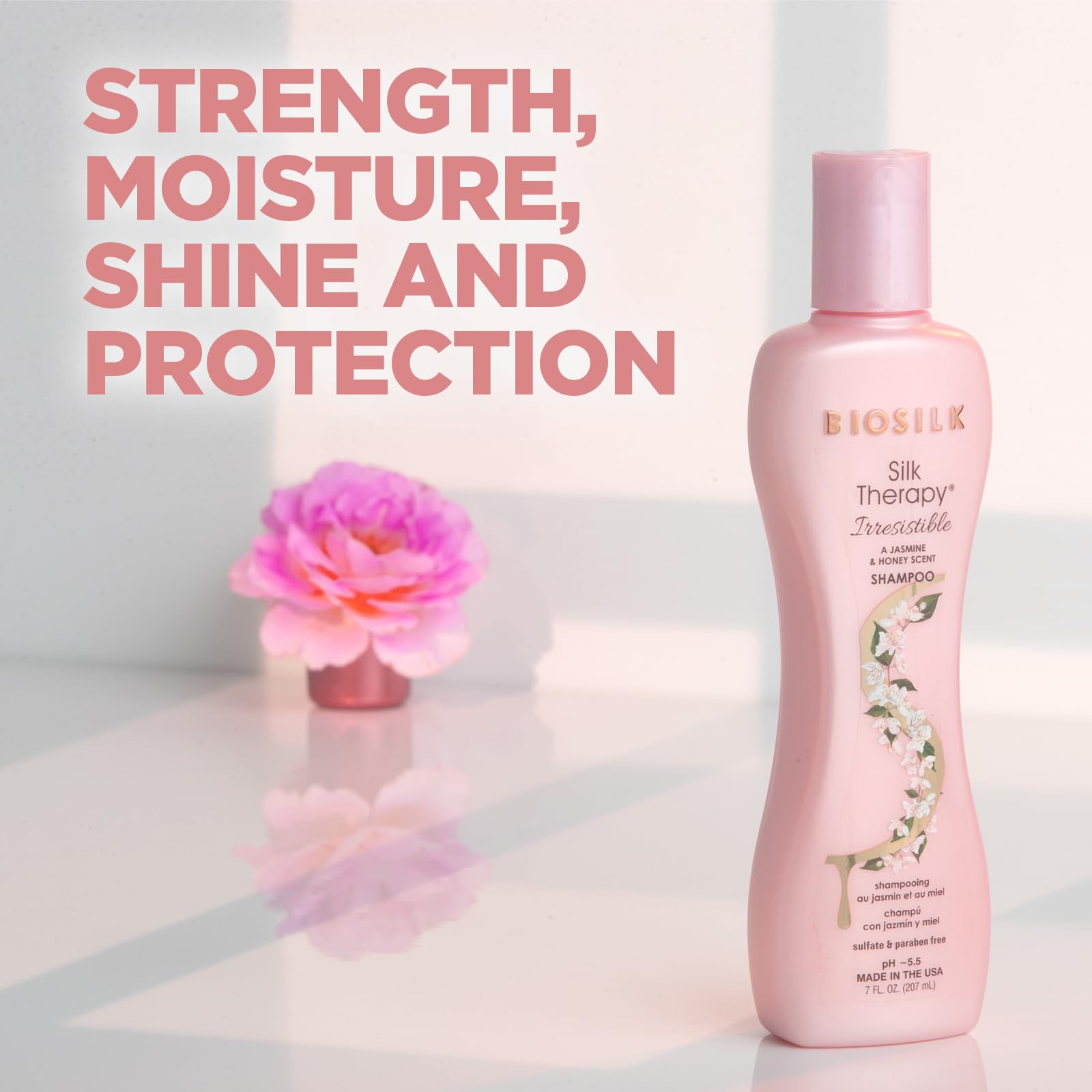 BioSilk Irresistible Shampoo bottle with jasmine honey scent for a spa-like routine.