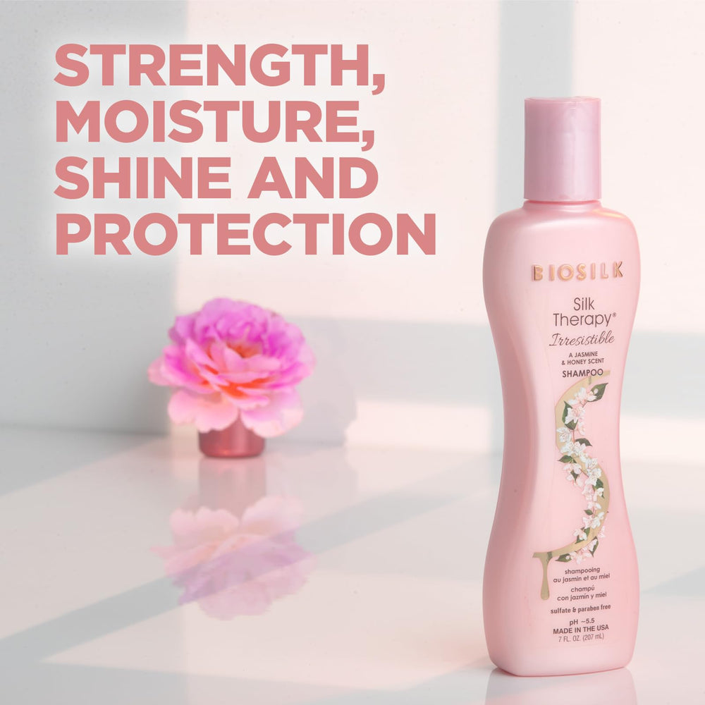 BioSilk Irresistible Shampoo bottle with jasmine honey scent for a spa-like routine.