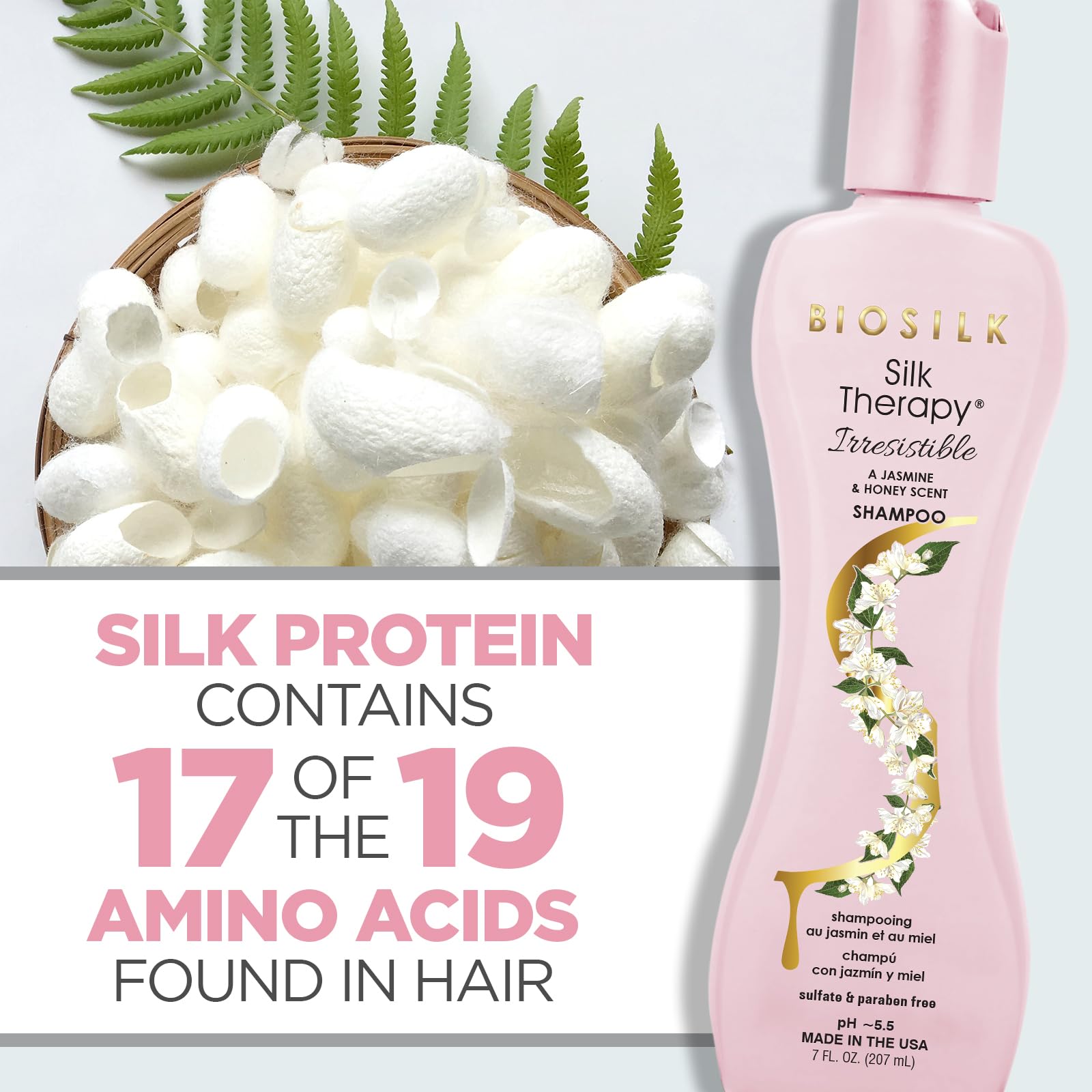 BioSilk Irresistible Shampoo texture close-up showing silky feel for detangling and shine.